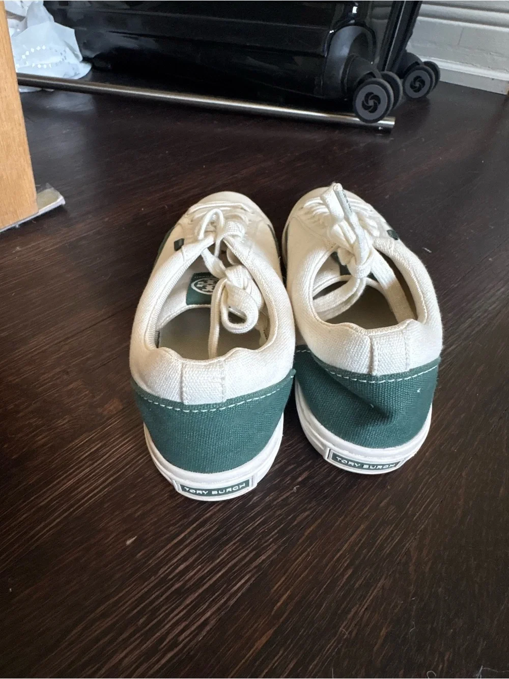 Tory Burch Cream Canvas Sneakers with Green Stripe